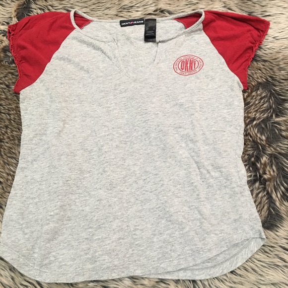 DKNY Jeans V-neck Gray Logo Tee Shirt *Size L*